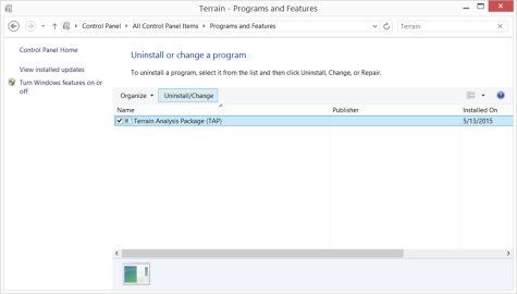 Search for Terrain Analysis Package, Select it, and Click Uninstall